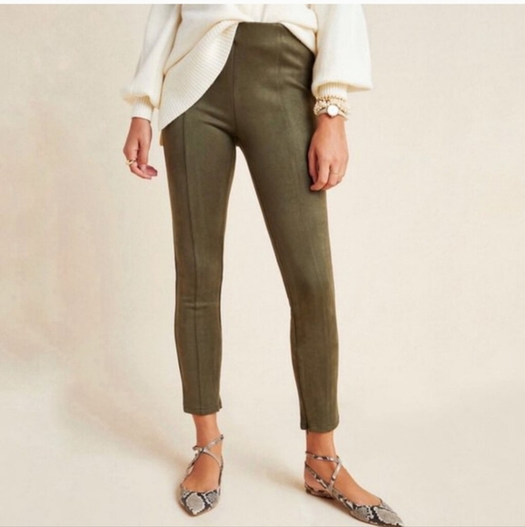 Anthropologie Olive Green Faux Suede Skinny Pull On Style Legging Size 28 - Picture 2 of 5
